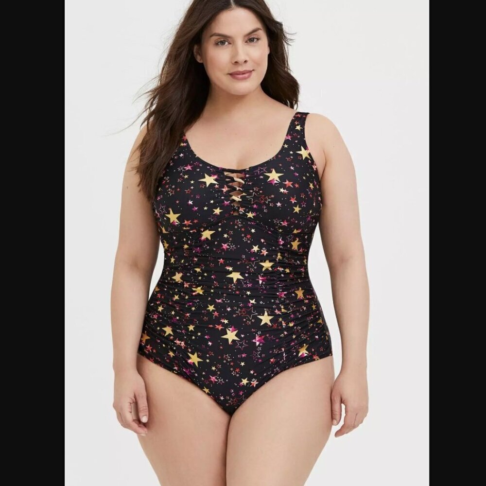 Torrid Black & Gold Foil Star Lattice Wireless One-Piece Swimsuit - Picture 1 of 9